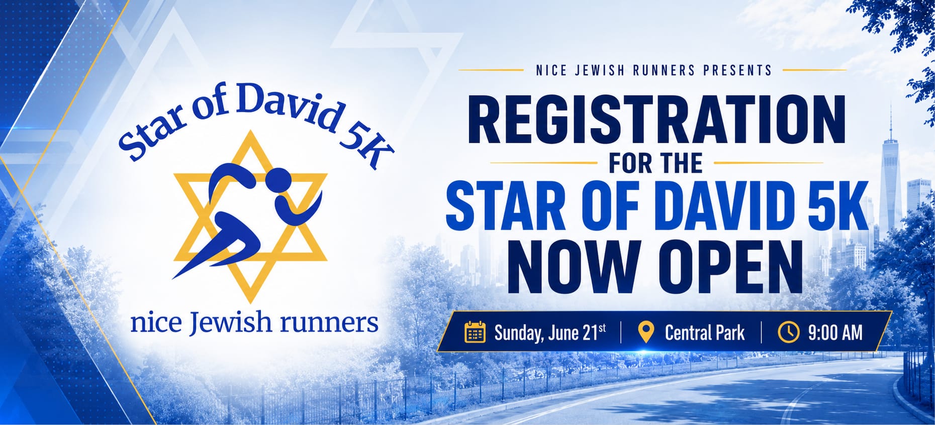 Promotional banner for Star of David 5k race registration with event details.